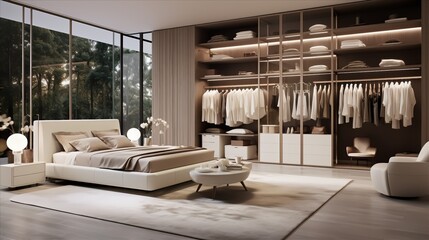 a luxury bedroom with a custom closet system and discreet storage - obrazy, fototapety, plakaty