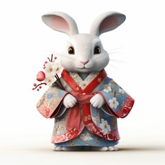 Obraz na płótnie Canvas Festive Bunny in Kimono Animated character, bunny in traditional dress, kimono with floral patterns, holding a branch of blossoms, festive, white background