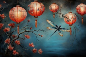 Traditional red lanterns hanging, cherry blossoms, dragonfly, Asian-inspired scene, artistic still life, soft lighting, cultural decoration, serene ambiance, ethereal background - obrazy, fototapety, plakaty