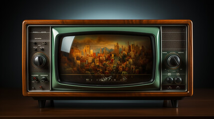 A old TV set, Front view, vignetting photography, stippling, high resolution. 