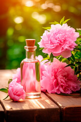 Peony essential oil in a bottle. Generative AI,