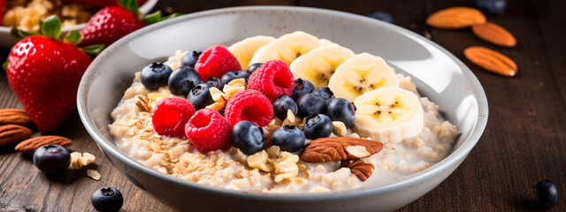 Fototapeta premium Porridge for breakfast with berries and fruits. Generative AI,