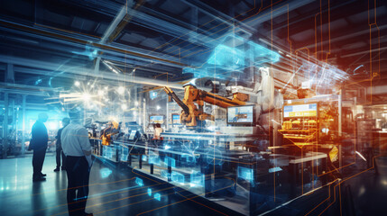 Industry 4.0 in action within a smart factory with machinery, and robotics in a futuristic industrial setting. Innovation, engineering, and interconnected systems. Generative AI - obrazy, fototapety, plakaty