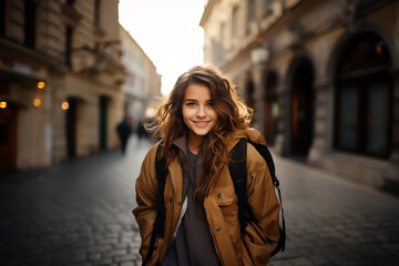 Smiling traveler girl in street of old town in European city. Young backpacker female tourist enjoy solo travel. Vacation, holiday, trip, lifestyle.