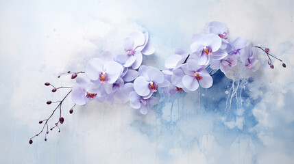 A watercolor painting of blue flowers with a blue branch