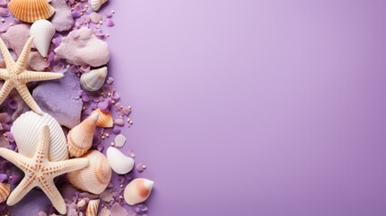 seashells, stones and starfish on a lavender background with space for text. - obrazy, fototapety, plakaty