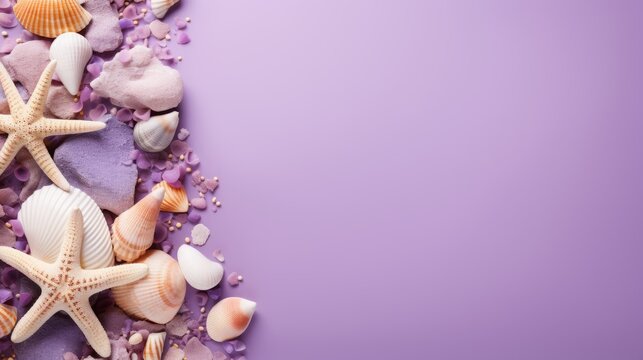 seashells, stones and starfish on a lavender background with space for text.