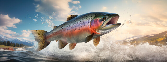 Rainbow trout in the water. Generative AI, - obrazy, fototapety, plakaty