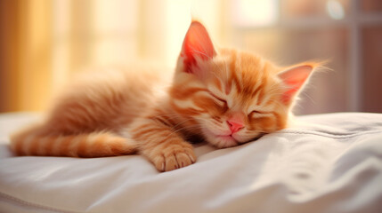 Red kitten sleeps in bed. Generative AI,