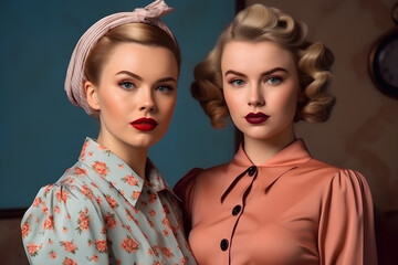 Retro woman portrait. Two vintage style girls with old fashioned hairstyles and clothes.
