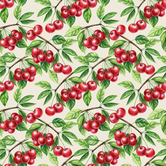 Sweet cherry. Seamless pattern with red berries. Botanical watercolor illustration. Branch with cherry berries, leaves