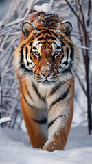 Tiger against the backdrop of a winter landscape.