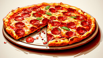A pizza with pepperoni on white background