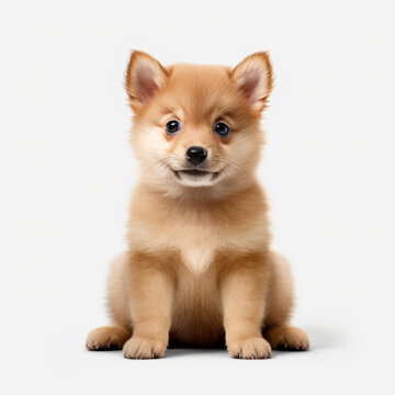 Pomeranian Spitz puppy sitting on a white background. AI Generation.