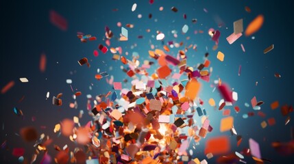 A pile of confetti on a reflective surface, with confetti in mid-air above it.