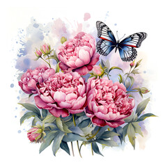 Watercolor illustration peony flowers with butterfly isolated