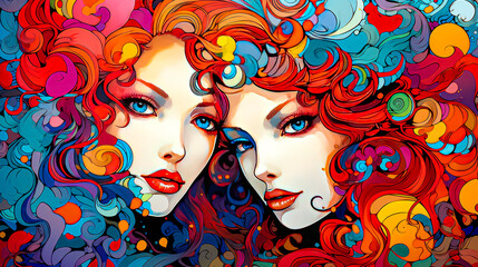 Portrait of two beautiful women with colorful hair. illustration.