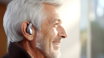 hearing aid in an  elderly person. ai generative - obrazy, fototapety, plakaty