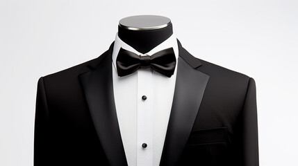 Black tuxedo and tie on mannequin on a white background 