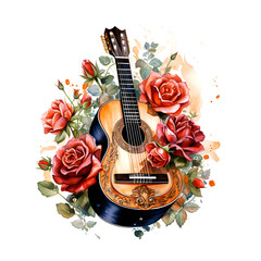 Watercolor illustration guitar with roses retro isolated