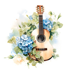 Watercolor illustration guitar with hydrangea retro isolated