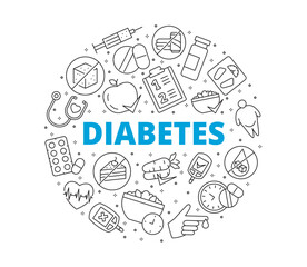 Diabetes line icons. Collection of symbols. Circular composition. Vector illustration.