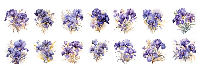 Poster Watercolor violtet iris with gold elements isolated for wedding decoration © Kislinka_K