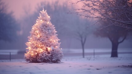 Outdoor snow covered decorated Christmas tree