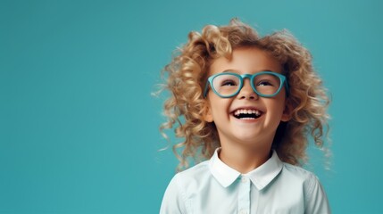 Obraz premium Delighted curly-haired young girl with a beaming smile, wearing a light blue dress on a turquoise background. Capturing the pure joy and vibrant personality of childhood