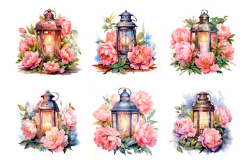Isolated watercolor retro lantern with peony flowers garden decoration