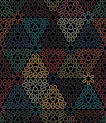 Geometric composition of thin multicolored wavy lines in the shape of triangles on a black background. Abstract modern design. Seamless repeating pattern. Vector illustration. 