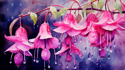 Watercolour painting of a pink fuchsia flowers with green leaves