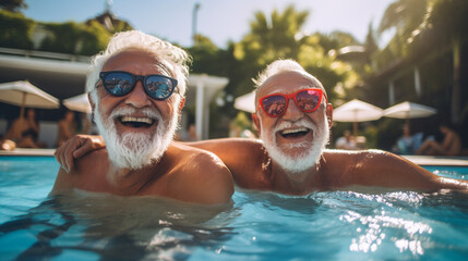 Two senior friends hanging out together in the swimming pool. ai generative