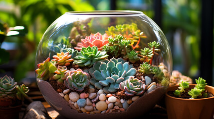 A glass bowl filled with lots of succulents