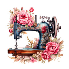 Watercolor illustration  retro sewing machine with flowers isolated