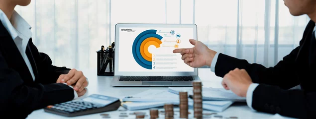 Foto op Canvas Business intelligence analyst use BI software on laptop to analyze financial data dashboard with growth stack coin symbolize business technology make investment decision in panorama. Shrewd © Summit Art Creations