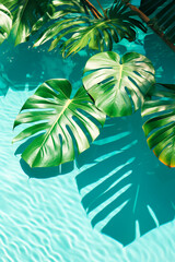 Fototapeta na wymiar Palm leaves on the background of the pool. Generative AI,