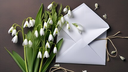 a letter in a convoy on the background of a bouquet of the first spring flowers of snowdrops

