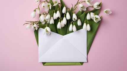 a letter in the convoy on the background of a bouquet of snowdrops