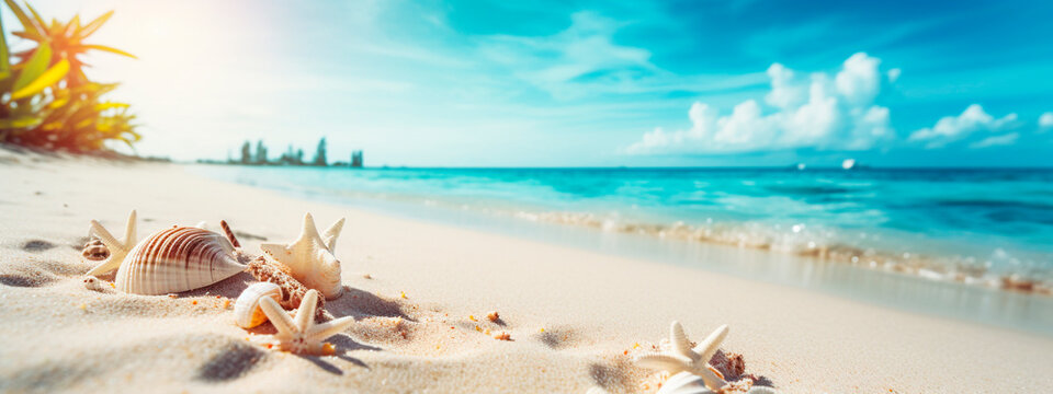 Beach palms and sea shells on the sand. Generative AI,