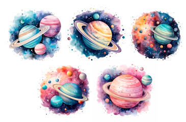 Watercolor illustration space with planets cosmic composition