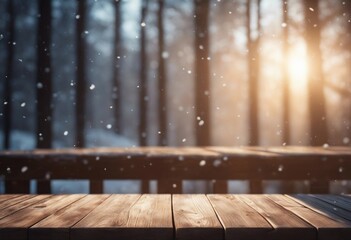 Winter Sunlight Illuminating Empty Wooden Table: Christmas Mood Background with Copy Space, 3D Illustration