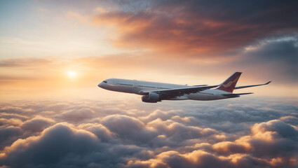 Fototapeta na wymiar The Beauty of Aviation : A stunning view of an airliner above dramatic clouds during an evening sunset