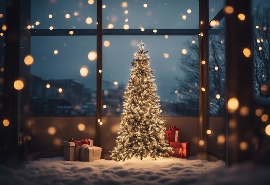 Merry Christmas and Happy New Year Banner: Light Trail Christmas Tree with Gifts in a Room with Big Window, Evening Long Exposure Bokeh Lights