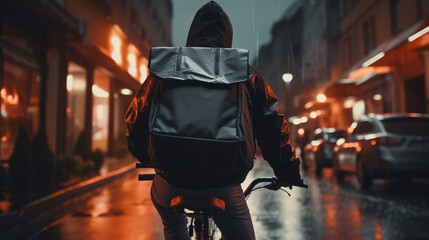 Man riding bicycle for home delivery of food in city. ai generative