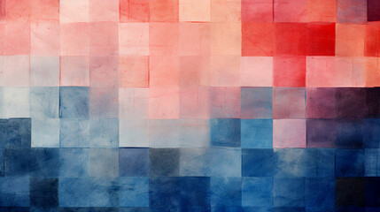 Abstract pattern of squares in shades of pink and blue background