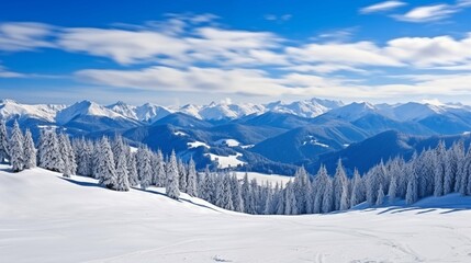 Fototapeta premium Winter mountain panorama with ski slope, snow landscape