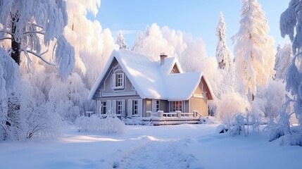 Winter cottage in beautiful snow forest, nature landscape - obrazy, fototapety, plakaty