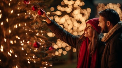 Couple hanging Christmas light outdoor, happy husband and wife activity
