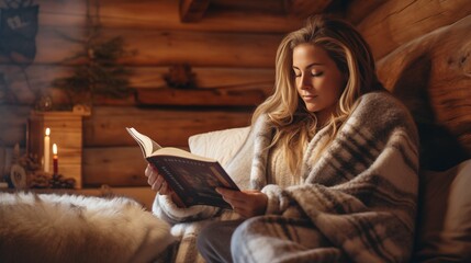 Woman reading book on cozy couch, in winter snow house - obrazy, fototapety, plakaty